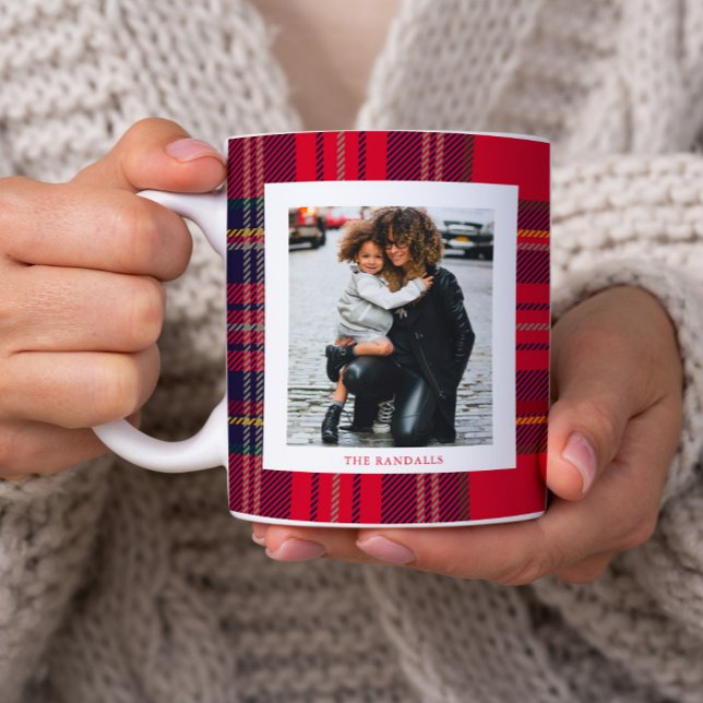 Mug Modern Red Plaid Rustic Monogram Photo Christmas (Rustic red plaid monogram photo christmas mug.)