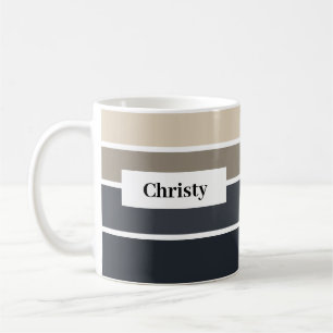 Mug Moderne Black Grey Beige Strip Nom Personnalisé