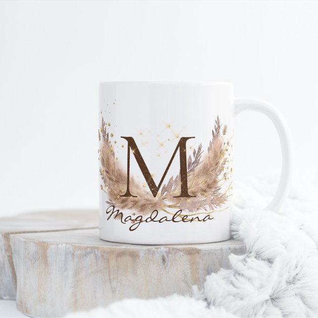 Mug Moderne Boho Pampas Herbe Glam Fx Pailleté Monogra (Créateur téléchargé)