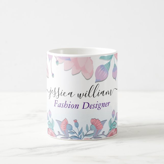 Mug Moderne Chic Aquarelle Bleu Hydrangée Florale (Centre)