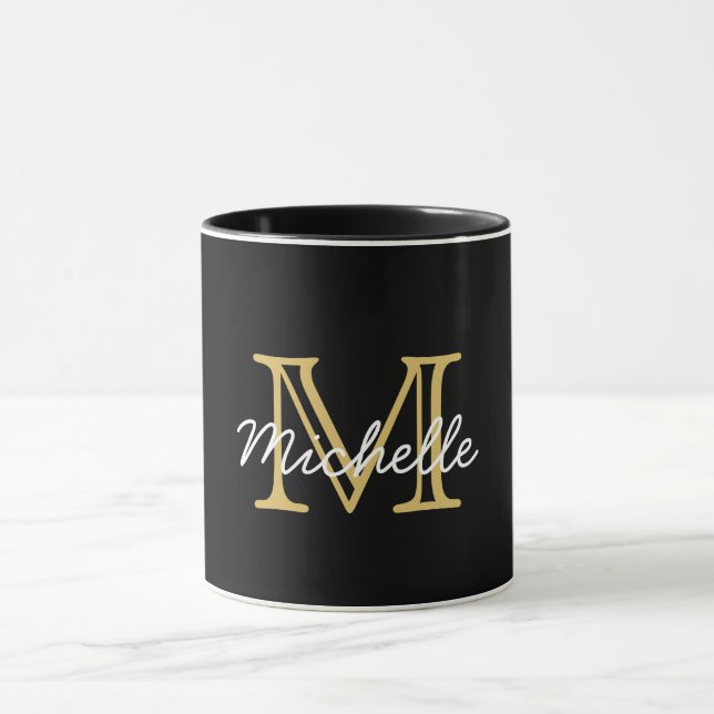 Mug Moderne Elegant Noir Or manuscrit Monogramme (Centre)