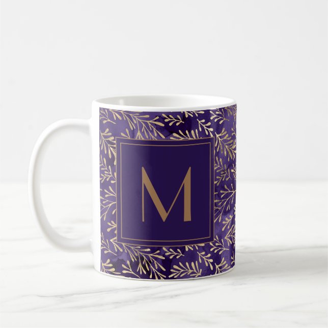 Mug Moderne Elégant prune violet or Feuilles Monogramm (Gauche)