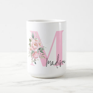 Mug Moderne Élégant rose Floral Nom initial Monogramme