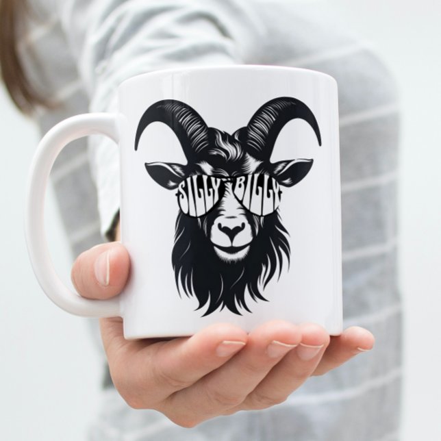 Mug Moderne Graphisme Silly Billy Chèvre Personnalisab (Black and white graphic art Goat with Silly Billy Text sunglasses on a coffee mug. )
