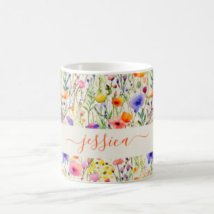 Mug Moderne motif de fleurs sauvages aquarelle nom de