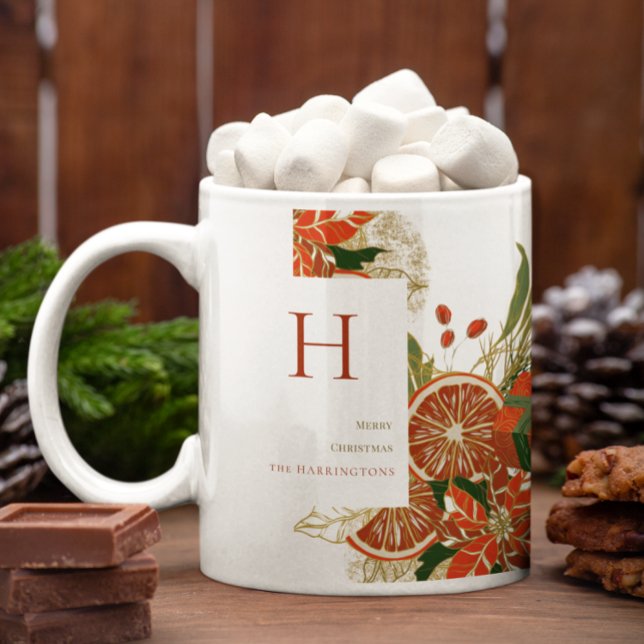 Mug Moderne Poinsettia & Verdure | Monogramme de Noël (Créateur téléchargé)