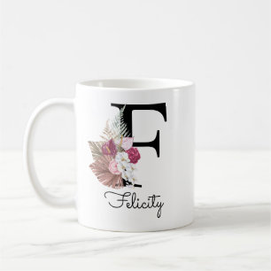 Mug Moderne Rose Boho Féminin Floral Initiale F