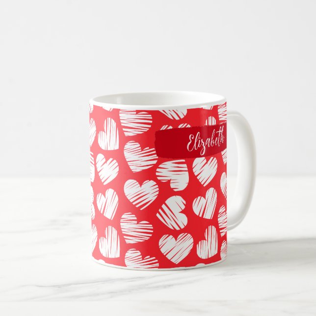 Mug Moderne Rouge et Blanc Doodled Heart Valentine Nom (Devant droit)