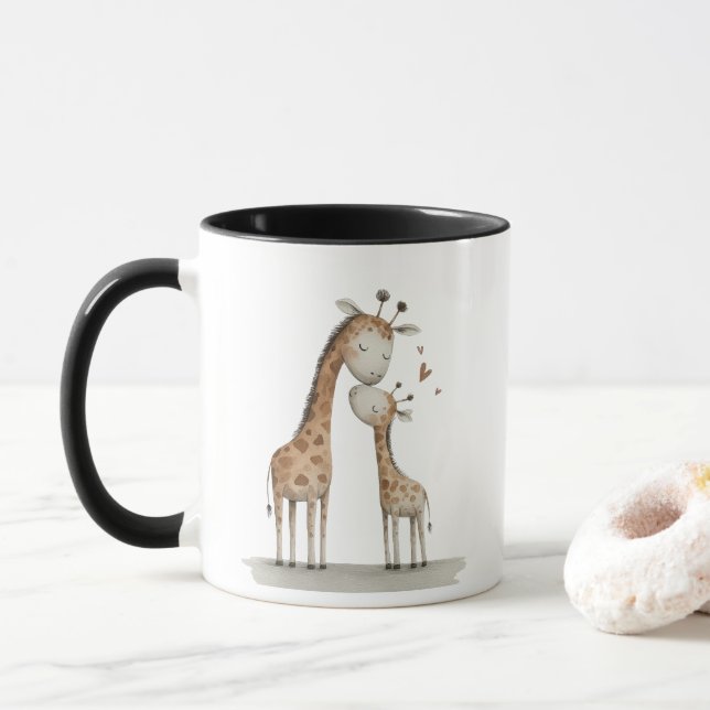 Mug Mom & Baby Giraffe Cute Illustration (Avec donut)