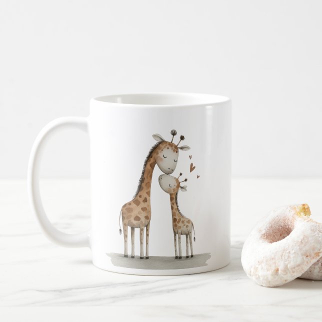 Mug Mom & Baby Giraffe Cute Illustration (Avec donut)