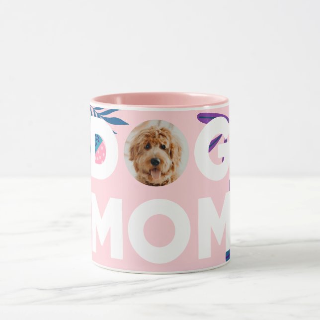Mug MOM DE CHIEN, Votre Photo De Coupe, Fleurs Roses & (Centre)