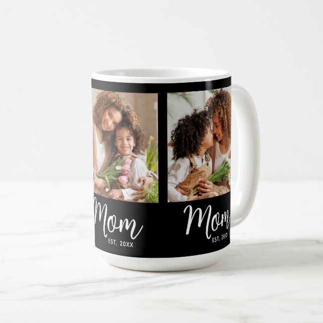 Mug Mom Established Date 3 Photo White Script on Black (Devant droit)