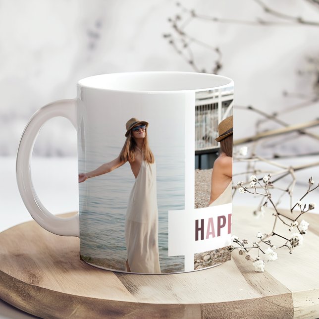 Mug "Moments heureux" Photo Collage Cadeau ("Happy Moments" Photo Collage Gift Coffee Mug on a boho wooden kitchen table with tiny flowers.)
