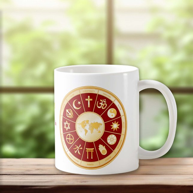 Mug Monde de la foi (Customize with your text.  Gold symbols of international religions surround a world map.)