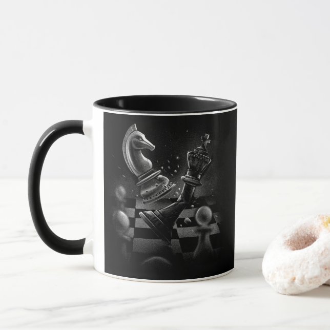 Mug Monochrom d'échecs dramatique (Avec donut)