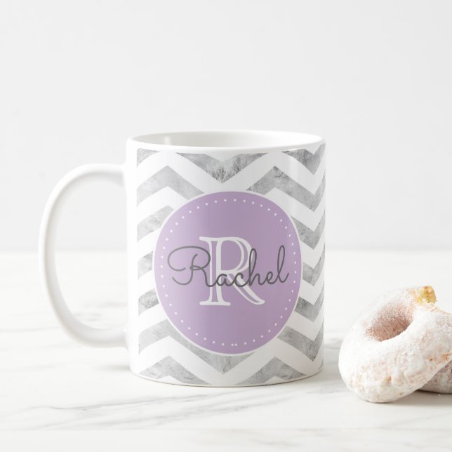 Mug Monogram Argent Chevron Motif Lavande violet (Avec donut)