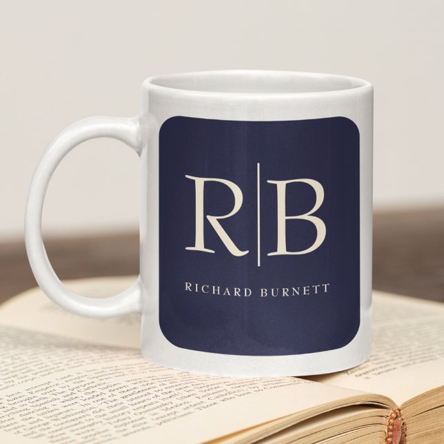Mug Monogram Classic Élégant Crème Bleue Minimale (Monogram white mug sat on a book)