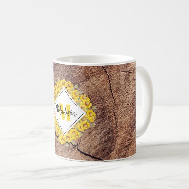 Mug Monogram de Rustic Sunflowers & Wood Texture (Devant droit)