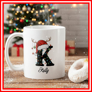 Mug Monogram Famille Noël Bois de Cerf Chapeau de Père