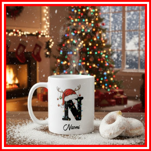 Mug Monogram Famille Noël Bois de Cerf Chapeau de Père