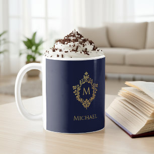 Mug Monogram Marine Blue Gold Elegant Vintage Nom de l