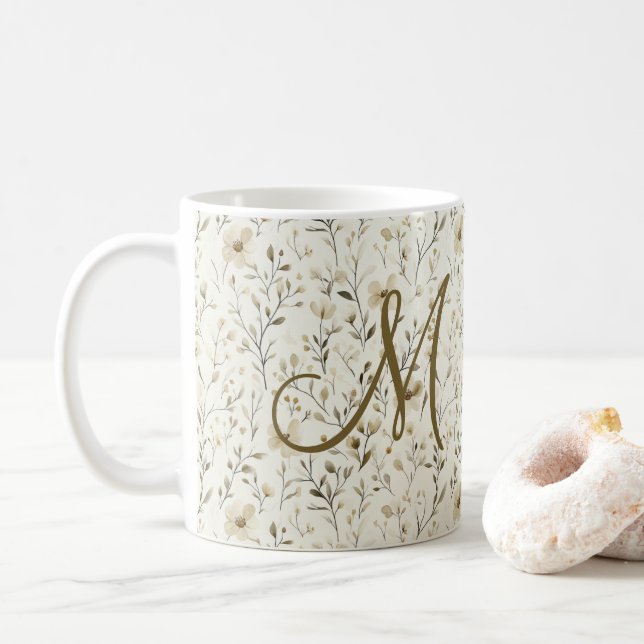 Mug Monogram Neutral Boho Florals Wildflowers Flowers  (Avec donut)