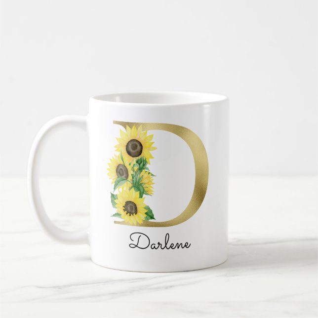 Mug Monogram Or Sunflower Doré Féminin Floral Initial  (Gauche)