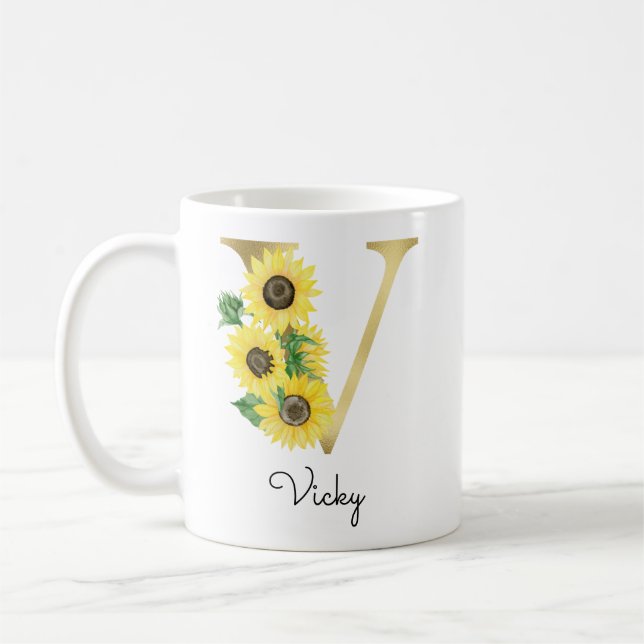 Mug Monogram Or Sunflower Initial Floral Féminin V (Gauche)