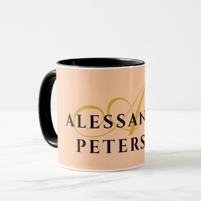 Mug Monogram Peach Gold Black Name Minimalist Stylish  (Devant gauche)