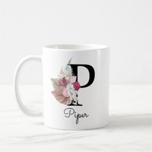 Mug Monogram Pink Boho Girly Floral Initial P