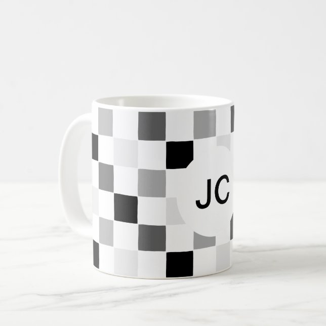 Mug Monogramme À damiers noir et blanc moderne simple (Devant gauche)