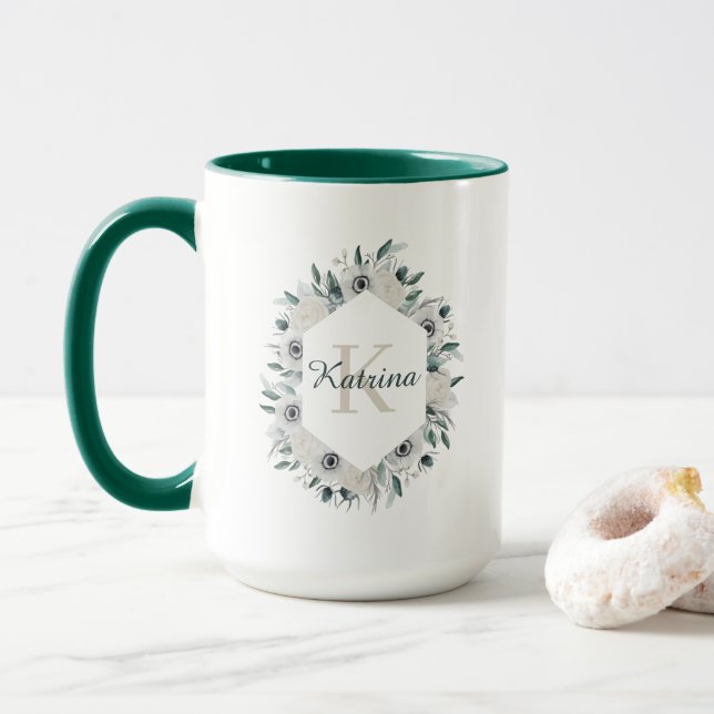 Mug monogrammé à motif floral aquarelle (Avec donut)