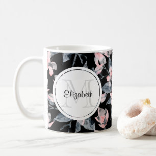 Mug Monogramme à motif floral rose et gris aquarelle