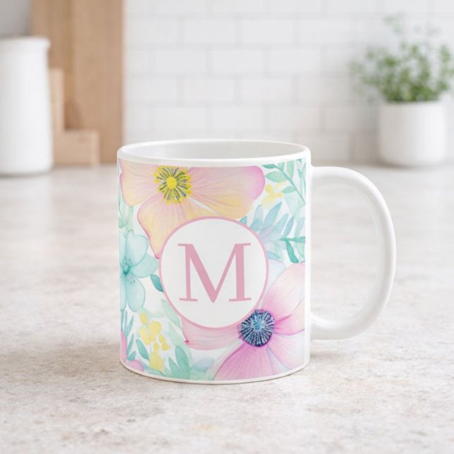Mug Monogramme aquarelle floral printemps doux (Créateur téléchargé)