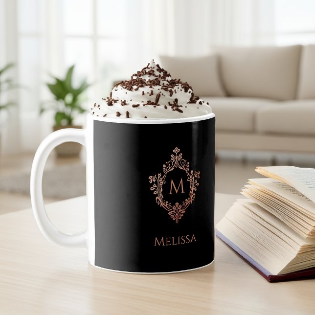 Mug Monogramme Black Rose Elegant Rose Gold Crest & No (Créateur téléchargé)