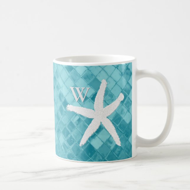 Mug Monogramme blanc en verre de mer d'Aqua d'étoiles (Droite)