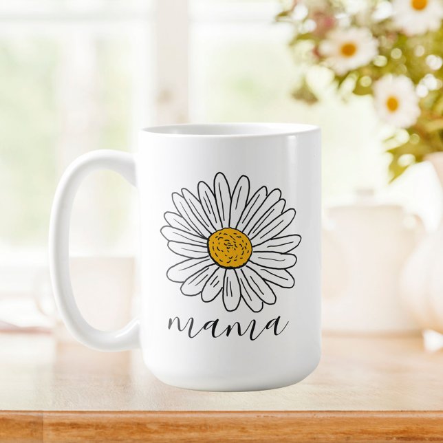 Mug Monogramme blanc marguerite florale doodle Mama (In situ Kitchen table)