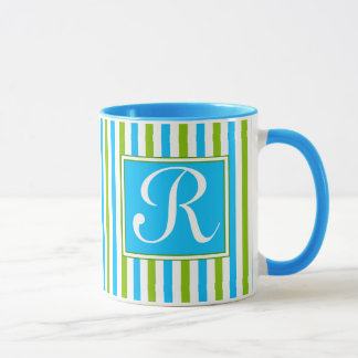 Mug Monogramme bleu et vert coloré de motif de rayure