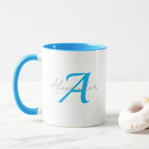 Mug Monogramme Bleu Moderne & Nom Personnalisé en Écri
