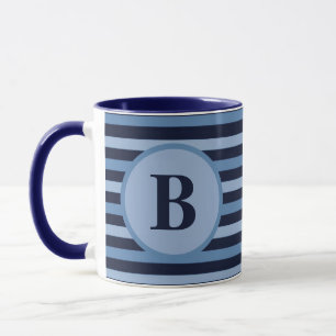 Mug Monogramme Bleu rayures dans la marine et teintes