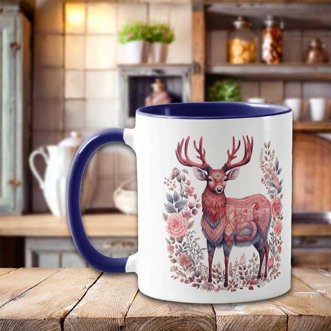 Mug Monogramme bleu rose de rennes d'hiver nordique (Créateur téléchargé)