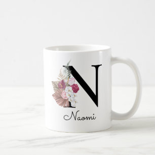 Mug Monogramme Boho rose Fille Floral Initiale N