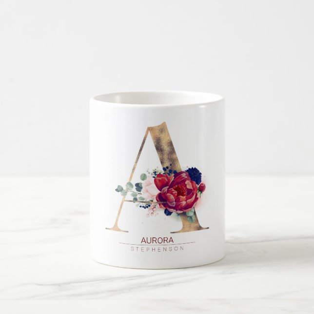 Mug Monogramme Bourgogne florale Rouge et bleu marine (Centre)