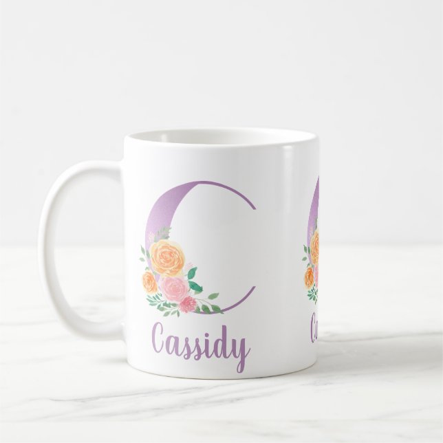 Mug Monogramme C Fleurs Aquarelle Violet Personnalisé (Gauche)