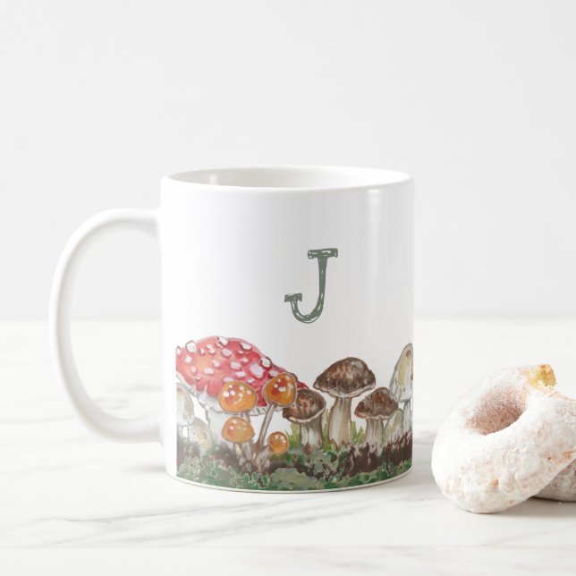 Mug Monogramme Champignons Art Automne Nature Tan Sage (Avec donut)