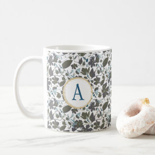 Mug Monogramme Clematis Vin Élégant Vert Bleu Floral
