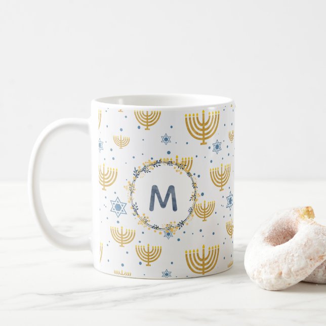Mug Monogramme couleur bleu marine + Motif Hanoukka (Avec donut)