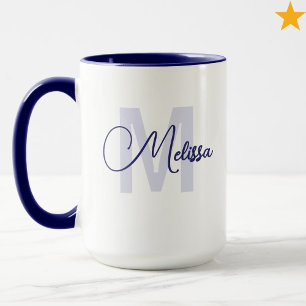 Mug Monogramme cursif personnalisé bleu blanc moderne
