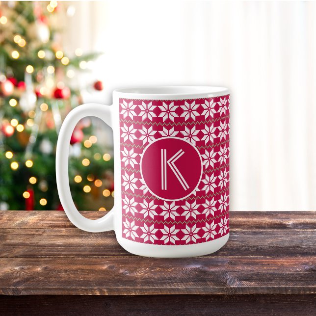 Mug Monogramme Customisé rouge Crimson Motif nordique (Edit the mug with your initial.)