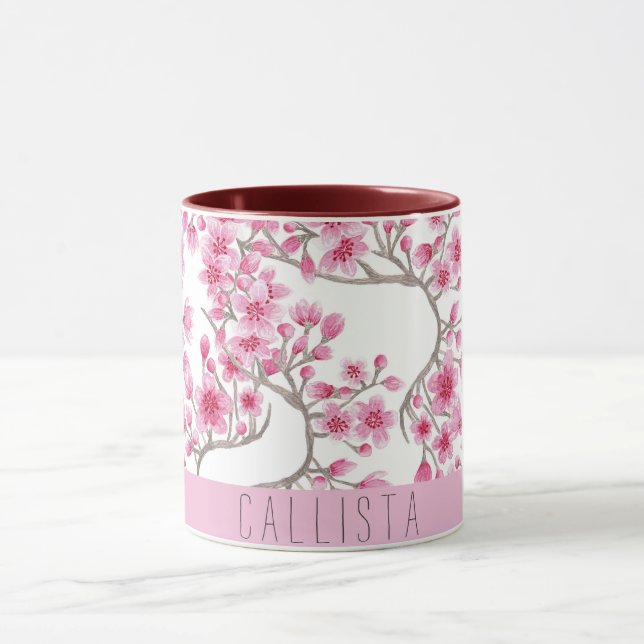 Mug Monogramme d'aquarelle florale de fleurs de cerisi (Centre)